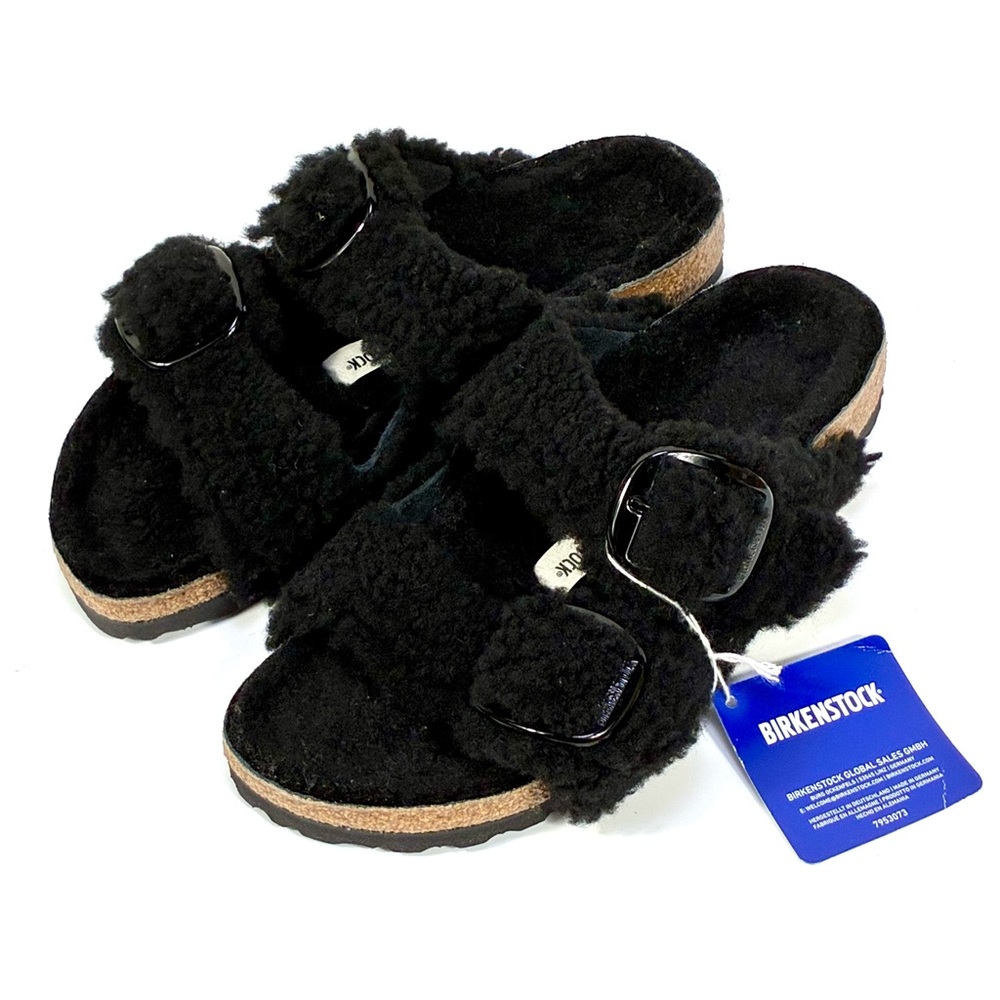 Birkenstock Arizona Genuine Teddy Shearling Buckle Sandal Black NEW 38